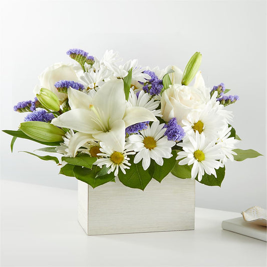 Beyond Blue Box Bouquet features white